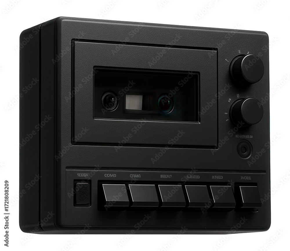 Obraz premium Black vintage audio cassette recorder on a white background.
