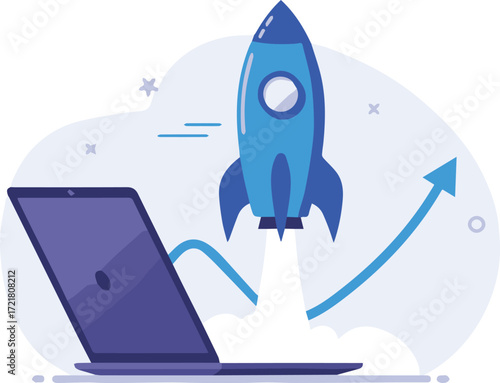 Startup Launch Rocket Taking Off from Laptop Screen, Business Growth Concept