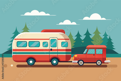 Classic red car towing a vintage camper trailer in a scenic outdoor setting