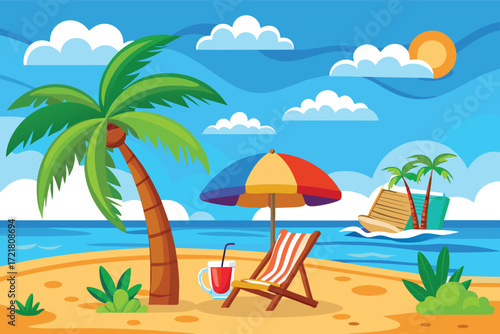 Relaxing beach scene with palm trees, colorful umbrella, and sandy shore on a sunny day