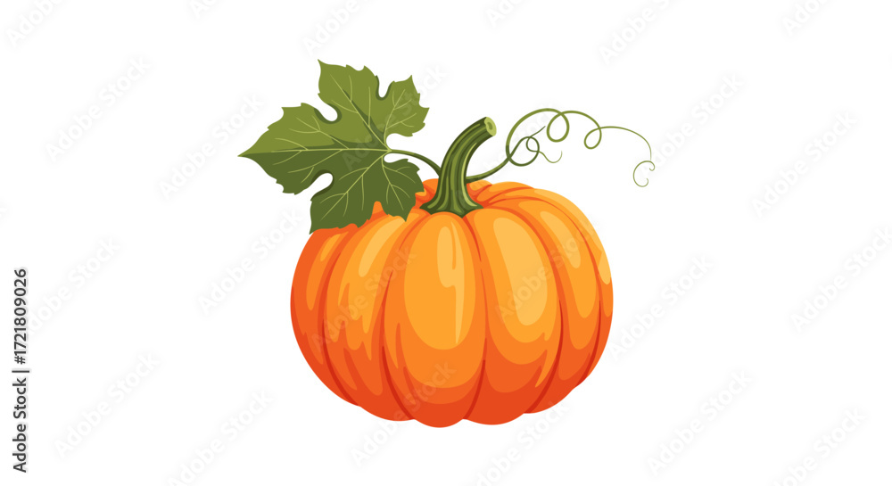 Obraz premium A vibrant orange pumpkin with a green leaf and curly vine stem.