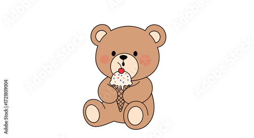 A cute cartoon teddy bear is sitting and enjoying eating a delicious ice cream cone.