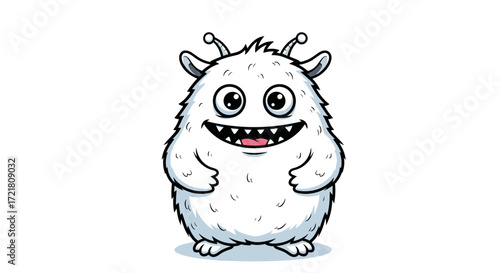 A fluffy white cartoon monster with big eyes and a wide smile is depicted against a white background.
