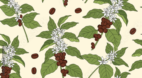 A delicate botanical pattern featuring blooming coffee branches with ripe cherries and scattered beans.