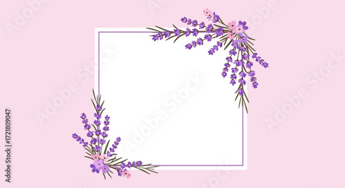 Beautiful lavender flowers frame a white square on a soft pink background for your creative designs.