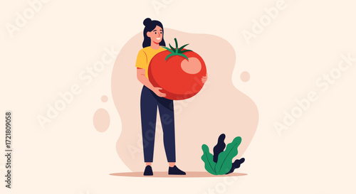 A woman joyfully holds a giant ripe tomato representing healthy eating and natural ingredients.