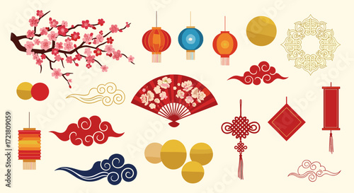 A collection of decorative elements and cultural symbols commonly associated with Asian festivities and celebrations.