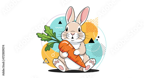 An adorable bunny sits holding a big carrot with abstract shapes in the background.