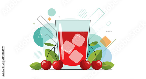 A refreshing glass of cherry juice with ice and fresh cherries surrounded by abstract shapes and leaves.