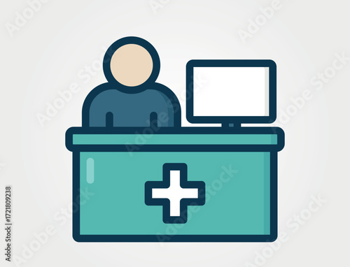 An illustrated icon of a medical receptionist or administrator sitting at a desk with a computer monitor. This image represents hospital reception, a clinic, or medical administration.