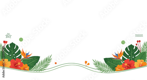 Vibrant tropical floral arrangement with exotic bird of paradise flowers and lush green foliage.