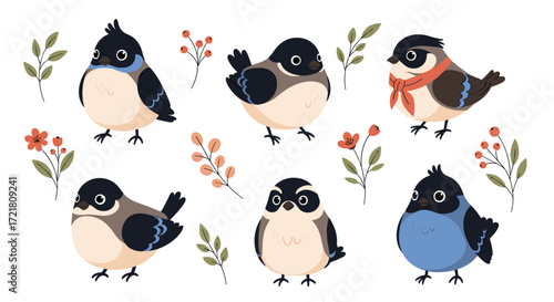 A charming collection of small cute cartoon birds in various poses.