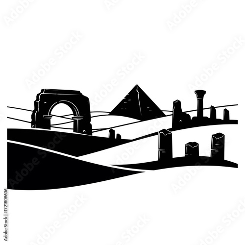 Ancient egyptian ruins and pyramid silhouette isolated on white background