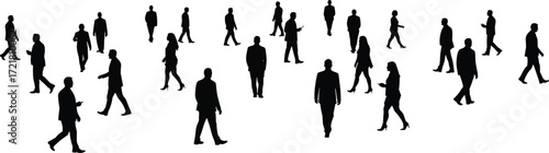 Business attire silhouette, walking figures, phone use, standing posture, urban motion, black design, white background, minimal style, workplace concept