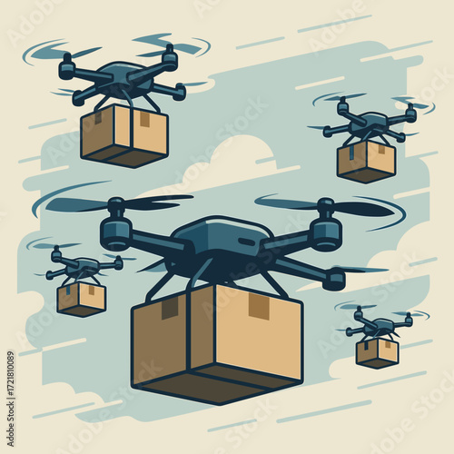 Illustration of delivery drones flying with boxes, representing modern logistics and drone delivery services