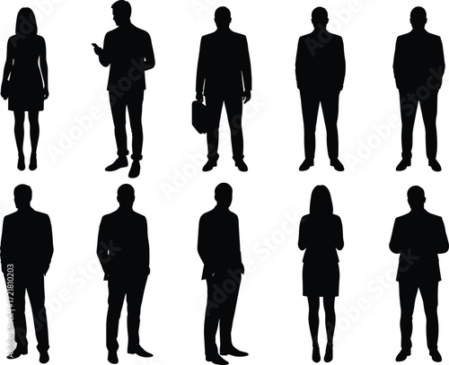 Business silhouette illustration, professional standing poses, formal attire, briefcase and phone gestures, corporate fashion, posture study, workplace diversity