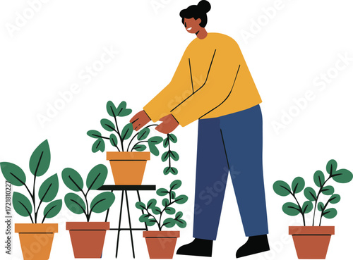 A person tending to a collection of potted plants in a home setting, symbolizing a connection with nature and nurturing growth