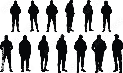 Casual hoodie silhouettes, standing posture study, hands in pockets, relaxed stances, urban fashion, gesture reference, body language illustration, sketch