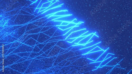 A seamlessly looped sci-fi animation with many winding, glowing blue light lines moving forward created by 3D modeling.