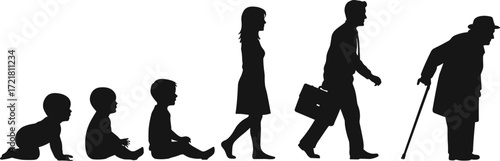 Black silhouette stages of human life cycle from baby to old man, growth evolution concept, childhood adulthood aging illustration vector