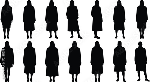 Long coat and skirt silhouette, standing figure posture reference, black shape on white background, fashion gesture sketch, anatomy pose study