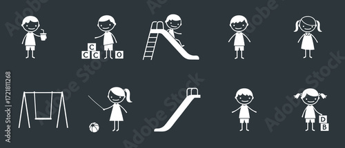 Playground children illustration, cartoon style, alphabet blocks, swing set, slide, drink, ball, ponytail, pigtails, minimal design, dark background