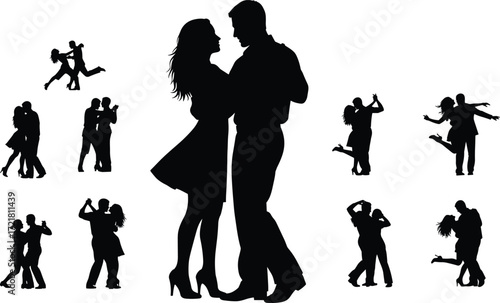 Romantic couple dance silhouettes collection, man and woman dancing together, love relationship illustration, passion movement concept, black vector art design