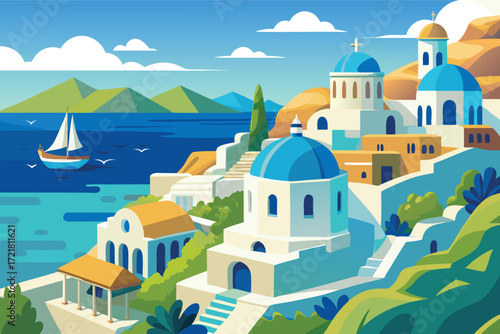 Beautiful coastal landscape featuring blue domed buildings in Santorini, Greece during a sunny afternoon