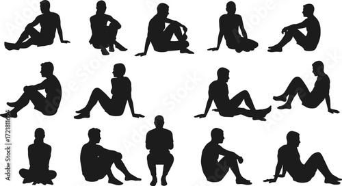 Seated posture silhouette, sitting pose reference, human figure gesture study, black shape on white background, anatomy illustration, body alignment sketch