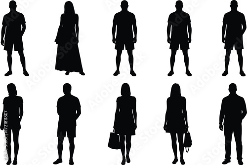 Silhouette fashion illustration, casual standing poses, dresses and shorts, handbag gestures, posture study, diverse outfits, body language reference, sketch