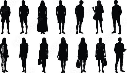 Silhouette fashion illustration, diverse standing poses, dresses and skirts, handbags and mobile usage, posture study, casual and formal outfit reference