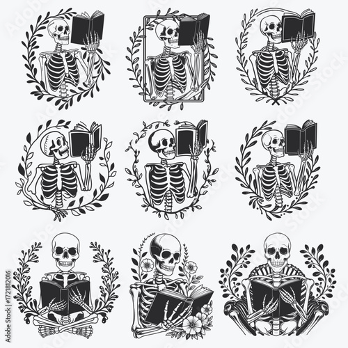 A skeleton reading Book svg, Book lover svg, Reader Bookish svg, Book with flowers svg files