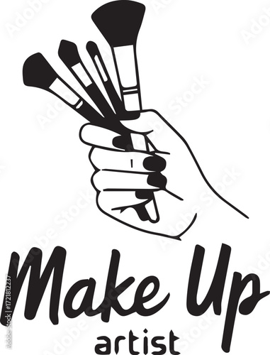 Vector art of elegant makeup artist logo with hand holding brushes