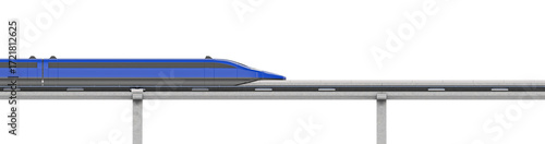 Blue maglev train propelled along a ferromagnetic guide rail using electromagnetic suspension technology. Side view, isolated on a transparent background. Advanced public transport. 3D illustration.