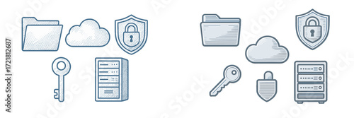 Digital security icons representing file storage, protection, and data management in a simple, modern style