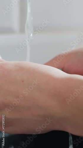 Wallpaper Mural Close-up of hands with a wrist bracelet washing spoon under running tap water, kitchen sink setting, soft focus on hands and water droplets Torontodigital.ca