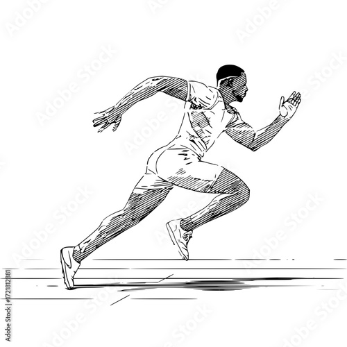 Male sprinter running at high speed in a dynamic pose in a minimalist line art style