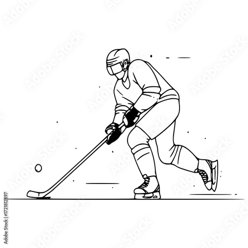 Ice hockey player skating with the puck in a focused stance in minimalistic line art style