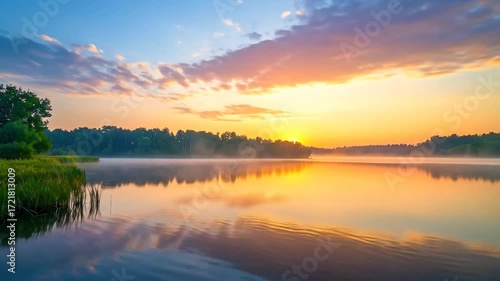 Wallpaper Mural Golden Sunrise Over Calm Lake with Forest Reflection and Misty Atmosphere. Torontodigital.ca