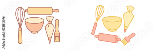 Baking tools include whisks, bowls, rolling pins, and piping bags arranged for a fun kitchen activity