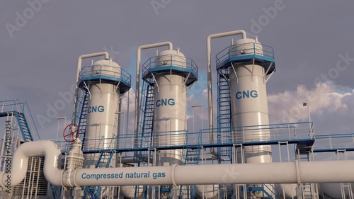 Gas compressor station. Time lapse. CNG station play a crucial role in distributing and transporting natural gas. 3D rendering
