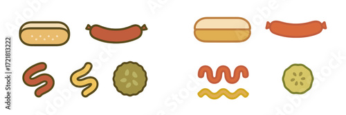 Colorful hot dog illustrations with various toppings on a white background at any time of day
