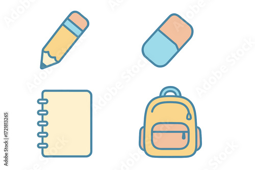Colorful school supplies including a pencil, eraser, notebook, and backpack arranged playfully on a white background