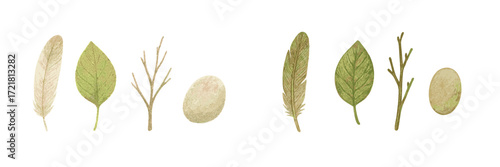 Collection of natural elements including leaves, twigs, and stones arranged in a creative layout