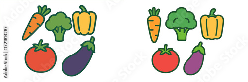 Variety of colorful vegetables including carrots, broccoli, peppers, tomatoes, and eggplants on a bright background