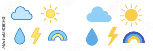 Colorful weather icons representing sunny, cloudy, and stormy conditions in a clean design