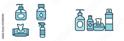 Detailed collection of various personal care and cleaning products displayed on a simple background to highlight their shapes and colors