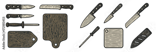 Different types of kitchen knives and cutting boards are neatly arranged on a white background