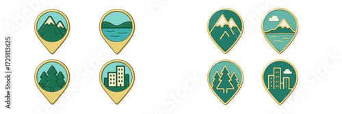 Nature and cityscape pins representing outdoor adventures and urban experiences