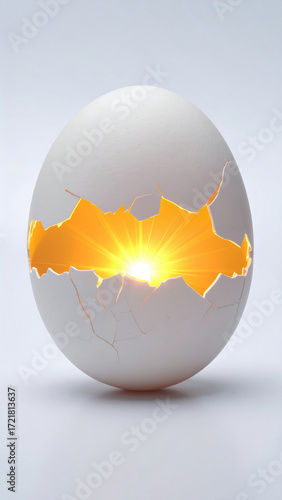 Glowing egg cracked shell bright light golden glow white background surreal concept minimal fantasy mystical radiant burst felt